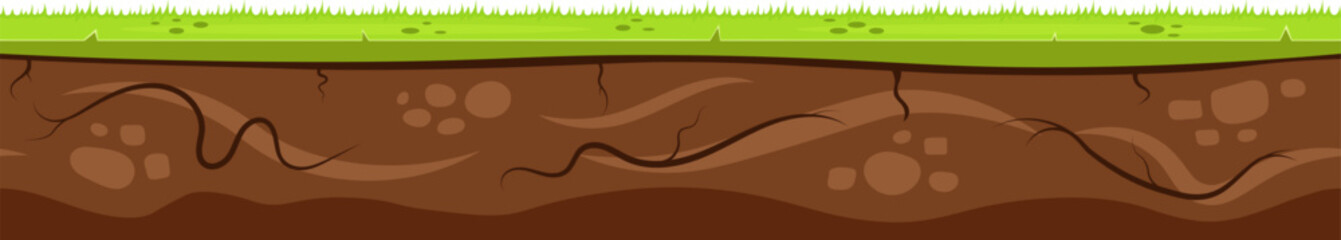Cartoon ground layers are showing grass and soil with stones and roots, creating a detailed cross section view of the earth suitable for educational or nature themed projects