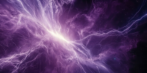 Obraz premium A luminous purple and cyan plasma storm tearing through the cosmos, charged energy crackling in electric arcs across the void.