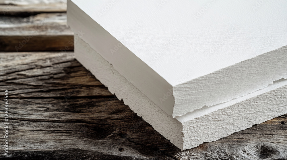 Poster a stack of clean white paper sheets on a wooden table with a natural textured background, symbolizin