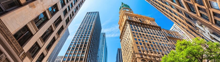 Fototapeta premium City skyscrapers, sunny day, low angle, tree. Urban backdrop