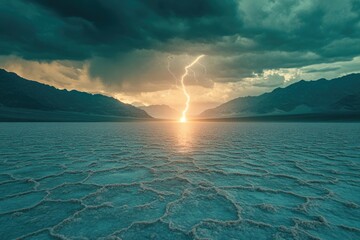Dramatic lightning strike over a salt flat landscape, mountains under a stormy sunset sky.