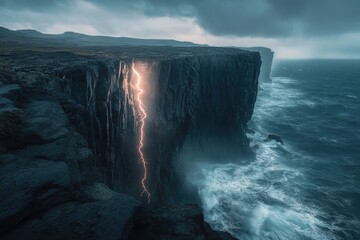 A dramatic lightning strike illuminates a fissure in a dark, imposing cliff face overlooking a turbulent ocean.