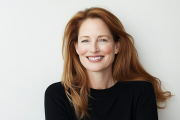 Fototapeta premium A smiling woman with long red hair wearing a black sweater against a plain background.
