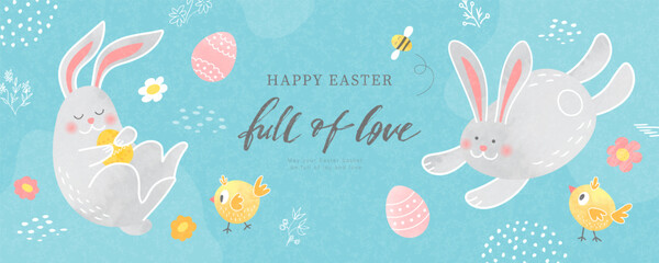 Happy Easter banner with cute bunnies, chicks, Easter eggs, bee and flowers. Cartoon vector illustration with watercolor funny animals on blue grainy background.