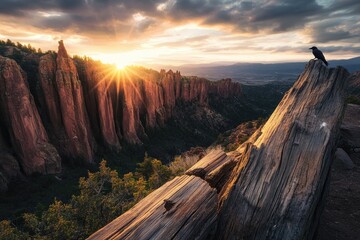 Majestic sunset illuminates red rock formations, a crow perched atop a weathered log overlooking a vast landscape.