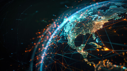 Global network connections highlight digital interaction across continents at night