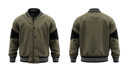A minimalist front and back view of an olive green baseball jacket with black stripes on the sleeves, isolated on a white background