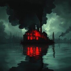 Industrial building silhouette reflects in water with smoke pollution