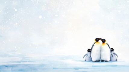 Obraz premium Adorable penguins watercolor scene icy landscape animal art winter wonderland close-up perspective family bonding