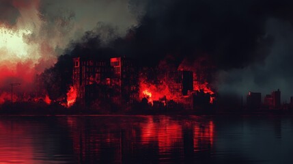 Obraz premium Burning city skyline reflected in dark water below