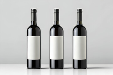 Fototapeta premium Three Wine Bottles With Blank Labels On A Reflective Surface and Beverage