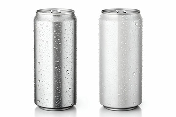 Two Metal Beverage Cans with Water Drops on a White Background Studio Shot