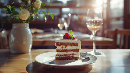 Delicious layered cake with fresh berries on a plate in a cozy cafe setting during the afternoon