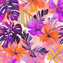 A tropical floral illustration with colorful, abstract monstera leaves and exotic hibiscus flowers in bold pink, purple, and orange. The striking hues create an upbeat, island-inspired feel.