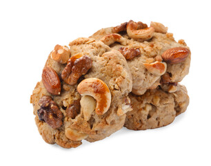 Tasty cookies with nuts isolated on white