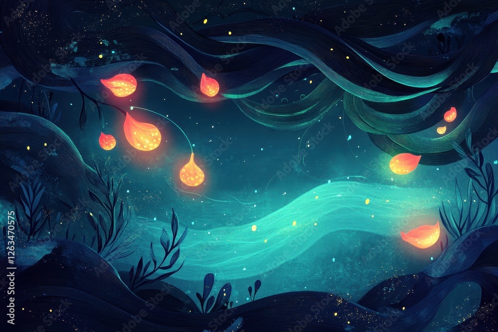 Poster Glowing orbs illuminate magical forest landscape at twilight hour