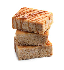 Delicious caramel puffed rice bars isolated on white