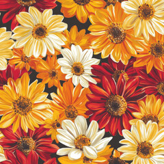 A cheerful, bold floral illustration with large daisies, marigolds, and sunflowers in vibrant yellow, orange, and red. The design brings warmth and energy to any space, perfect for bright, uplifting