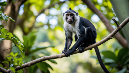 Obraz premium Black and white monkey perched on a branch in a lush green forest. Sharp focus on fur details, dappled sunlight, and serene wildlife atmosphere. Perfect for nature photography.