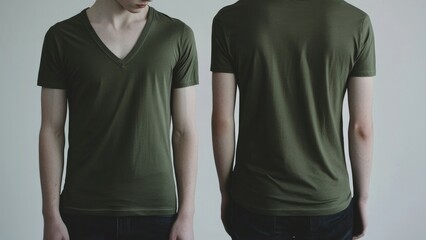 A tight v-neck t-shirt in olive green, worn by a boy