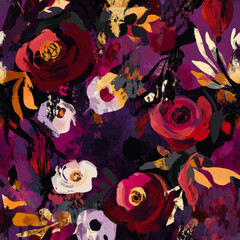 A bold, expressive floral illustration with stylized roses, tulips, and abstract elements in deep red, purple, and gold. The dramatic use of color and shape creates a luxurious and striking design.