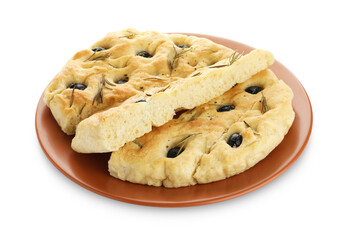 Slices of delicious focaccia bread with olives and rosemary isolated on white