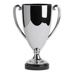 Shiny silver trophy cup with elegant handles on a plain white background, symbolizing victory and achievement in competitive events.
