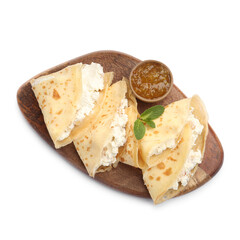 Delicious crepes with cottage cheese, jam and mint isolated on white, top view