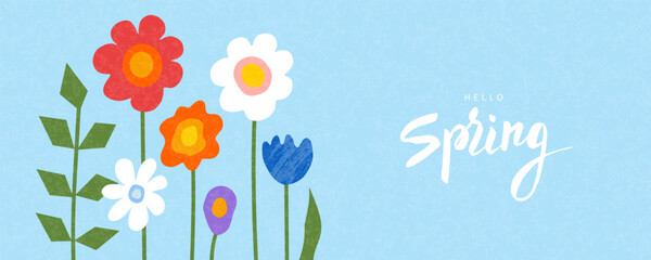 Hello spring colorful abstract banner with flowers. Vector illustration with trendy grainy texture.
