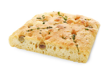 Piece of delicious focaccia bread with olives and thyme isolated on white