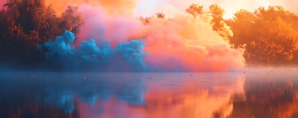 Obraz premium A mist of Holi powder in shades of orange pink and blue gently floating over a reflective lake