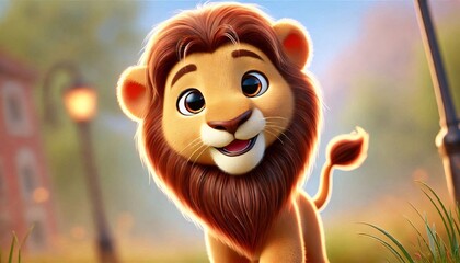 Cute animated lion cub with a cheerful expression in a vibrant forest setting.