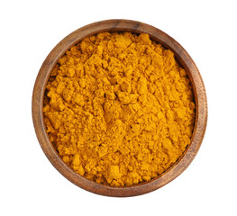 Turmeric powder in bowl isolated on white, top view