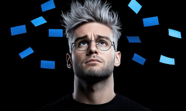 Young man with stylish hair and glasses gazing upwards, blue confetti falling around him against a dark background, capturing a sense of wonder and celebration
