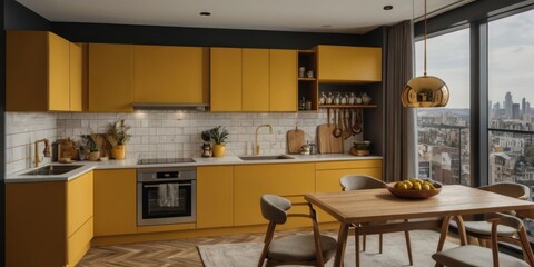 Modern Yellow Kitchen With City View Dining Area