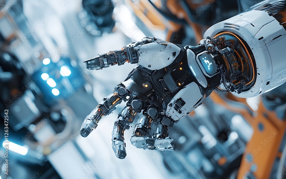 Poster a close-up view of a futuristic robotic hand showcasing intricate mechanics and advanced technology.