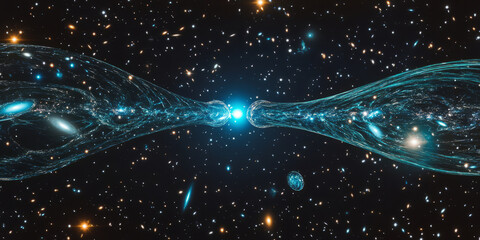 A radiant interstellar light bridge connecting two galaxies, glowing with strands of pulsating blue and emerald energy.