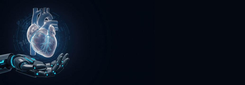 Robotic hand holds holographic heart scan. AI assisted cardiology treatment. Futuristic medical technology. Diagnosis and therapy of cardiovascular diseases. Healthcare innovation. Banner, copy space.