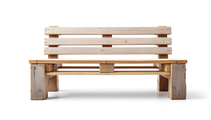 Rustic Pallet Wood Bench Against a White Background. A charming, rustic wooden bench crafted from reclaimed pallets