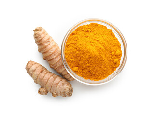 Turmeric powder in bowl and roots isolated on white, top view