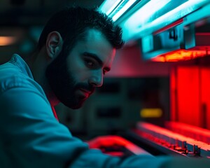 Fototapeta premium A focused technician works in a dimly lit environment, illuminated by vibrant red and blue lights, showcasing a modern console with buttons and screens, capturing a moment of innov