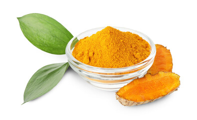 Turmeric powder in bowl, green leaves and roots isolated on white