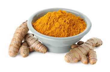 Turmeric powder in bowl and roots isolated on white