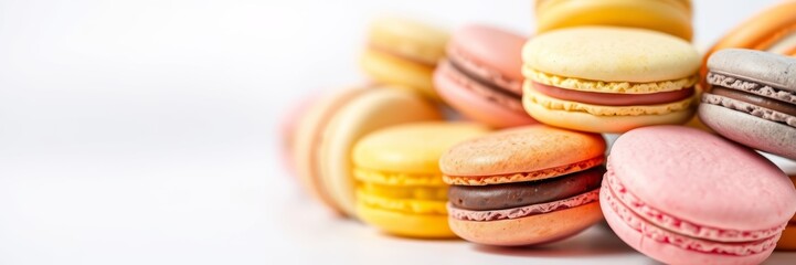 Colorful macarons stacked playfully against a bright background