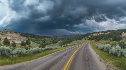 Naklejka premium Lonely Highway Leading into a Brewing Thunderstorm