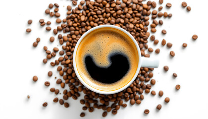 Obraz premium White mug of coffee with coffee beans surrounding it. White mug of coffee with coffee beans; perfect for coffee shop menus, social media posts, and advertising campaigns.