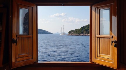 Sailing Yacht View Through Wooden Cabin Windows