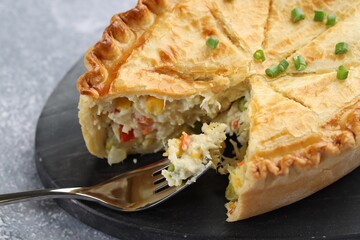 Delicious fresh homemade pie served on table, closeup