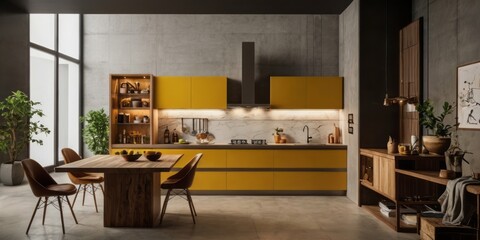 Fototapeta premium Modern Kitchen Design With Yellow Cabinets And Wooden Accents