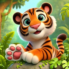 A cheerful animated tiger cub smiling with vibrant greenery in the background.